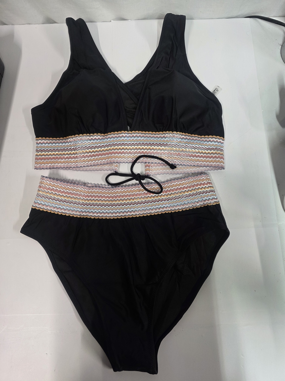 Black Two-Piece Bikini with Multicolor Zigzag Waistband